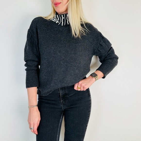 Sandro Faux Pearl Embellished Mock neck cozy lane wool sweater gray - Picture 1 of 8